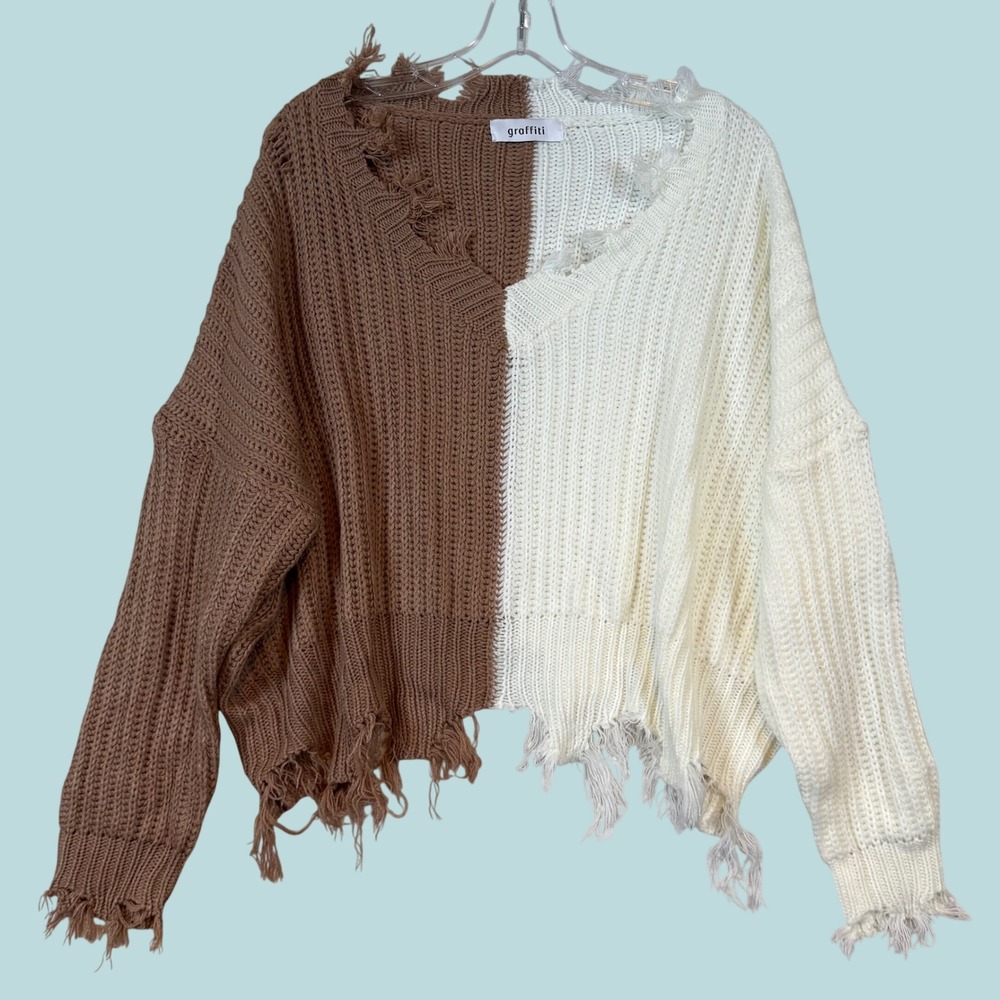 Graffiti Women Brown Cream Two Tone Distressed Knit Sweater Urban Grunge Boho